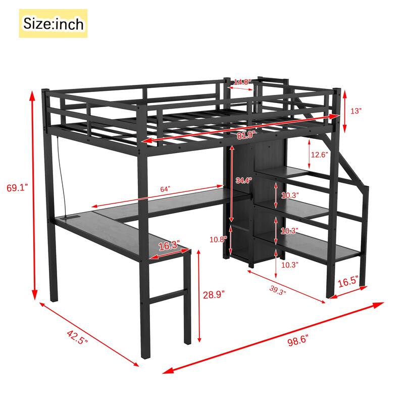 Roomfitters Twin XL Metal Loft Bed with L-Shaped Desk, USB Port, Wardrobe, Adjustable Shelf & Lighting, Black