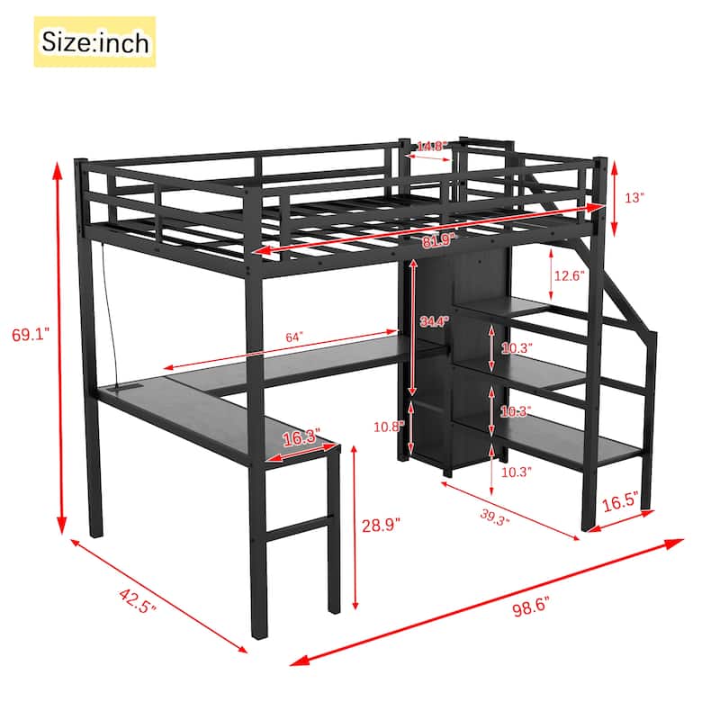 Twin XL Size Metal Loft Bed with L-shaped Desk, USB, Wardrobe, and Adjustable Shelf