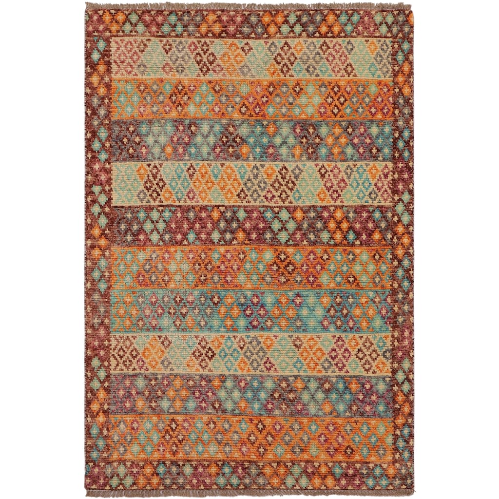 Eclectic Balochi Mejia Blue/Maroon Hand Knotted Wool Rug - 3'6'' x 5'2''