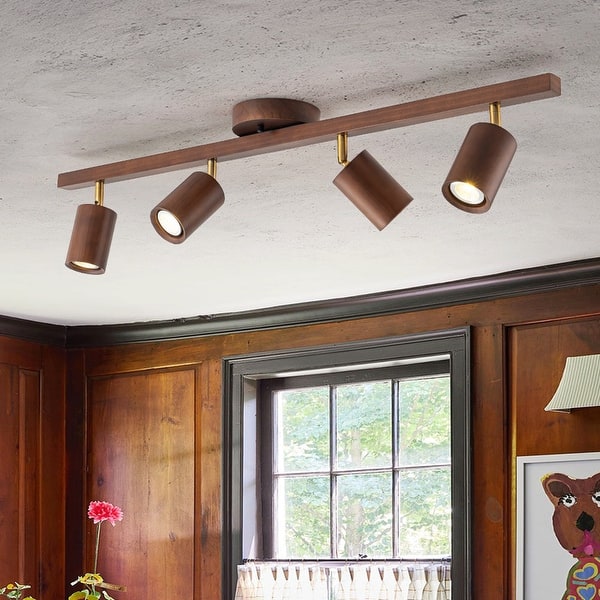 slide 2 of 35, 4-Light Walnut Wood Grain Adjustable Linear Track Light 39.4in 4-Light