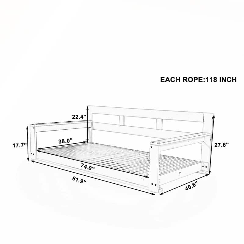 Patio Wooden Twin Size Porch Swing Daybed Frame with 4 Hanging Ropes for Backyard and Outdoor Use