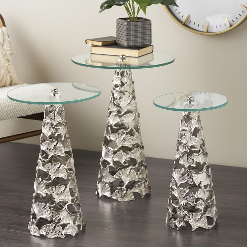 Aluminum Metal Floral Cutout Cone Shaped Accent Table with Tempered Glass Tabletop - Set of 3 Silver or Gold - Roche River Decor
