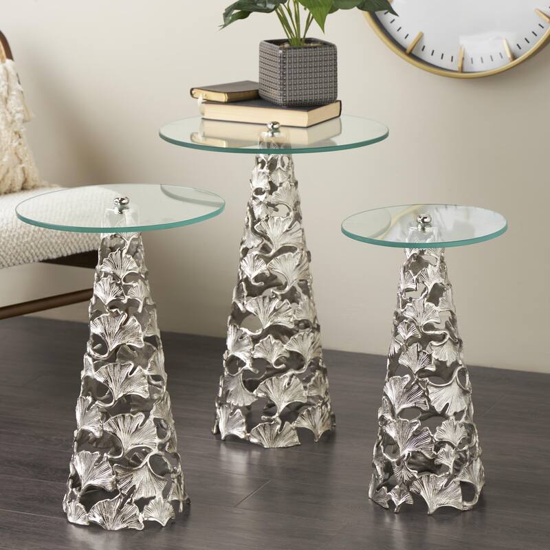 Gold or Silver Aluminum Metal Cutout Cone Shaped Floral Side End Accent Table with Tempered Glass Tabletop (Set of 3) - Silver