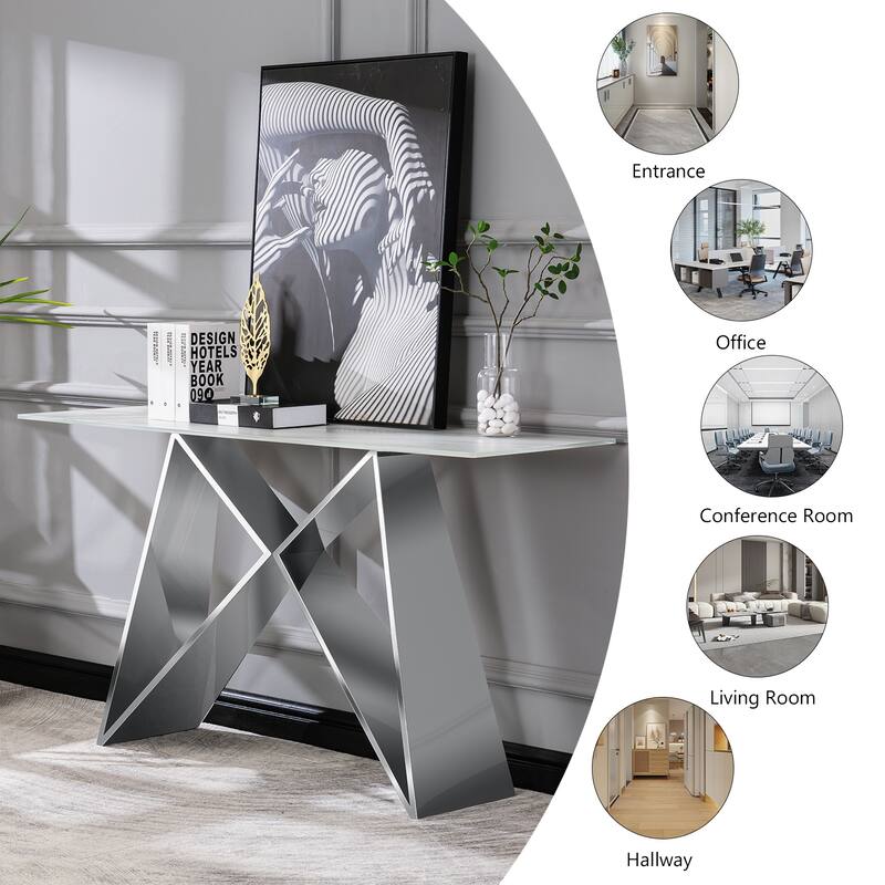55 inch Rectangle White Glass Console Table with Mirrored M-Shaped Base