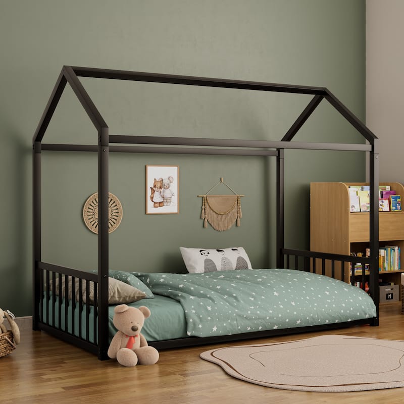 Montessori Metal House Bed with End Guardrails by Harper&Bright Designs - Black - Twin