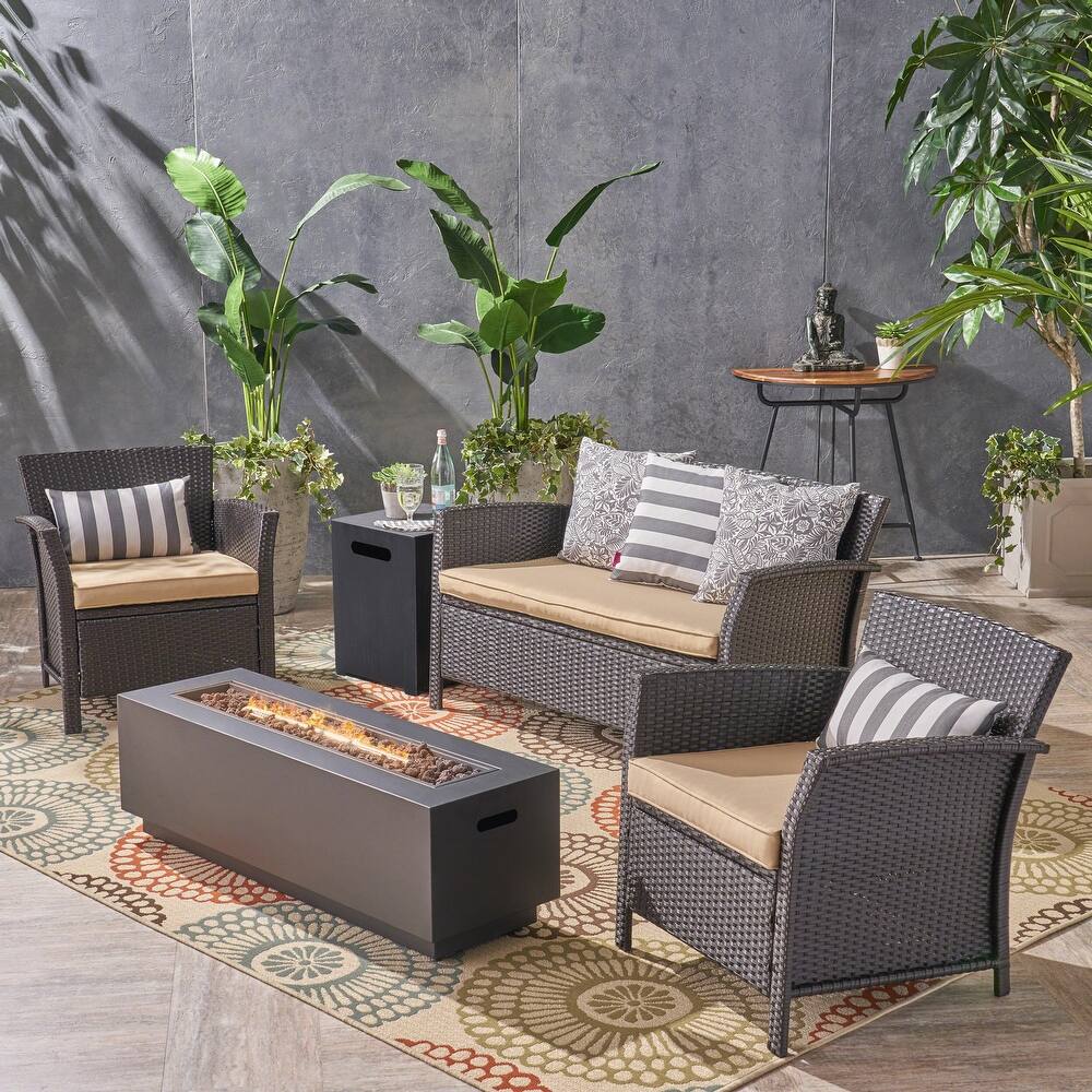 St. Lucia Outdoor 4 Seater Wicker Chat Set with Fire Pit by Christopher Knight Home