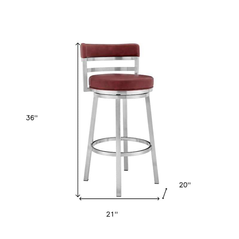 HomeRoots 26" Red And Silver Faux Leather And Iron Swivel Low Back Counter Height Bar Chair