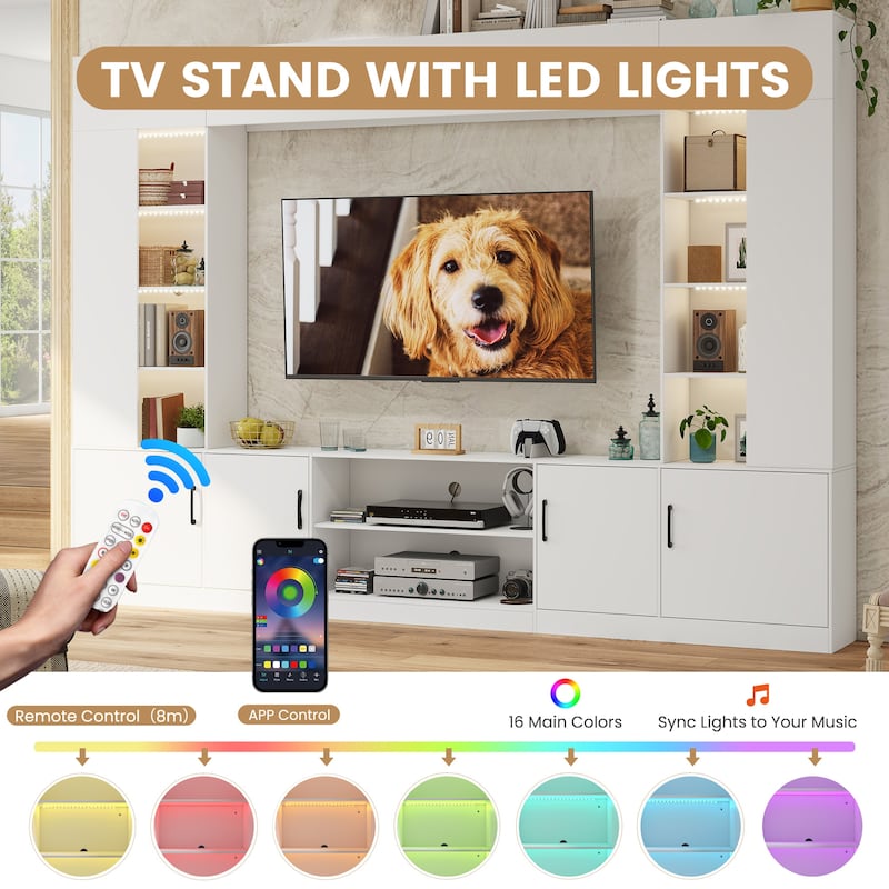 EROMMY 112" Wall Unit TV Stand with LED Lights, Bookshelves and Storage Cabinets for Living Room