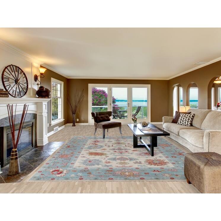 Floral Ivory Oushak Oriental Area Rug Hand-Knotted Wool Carpet - 9'1"x 12'0"