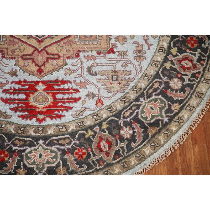 Light Blue Heriz-Serapi Oriental Round Area Rug Handmade Wool Carpet - 7'11"x 7'11"