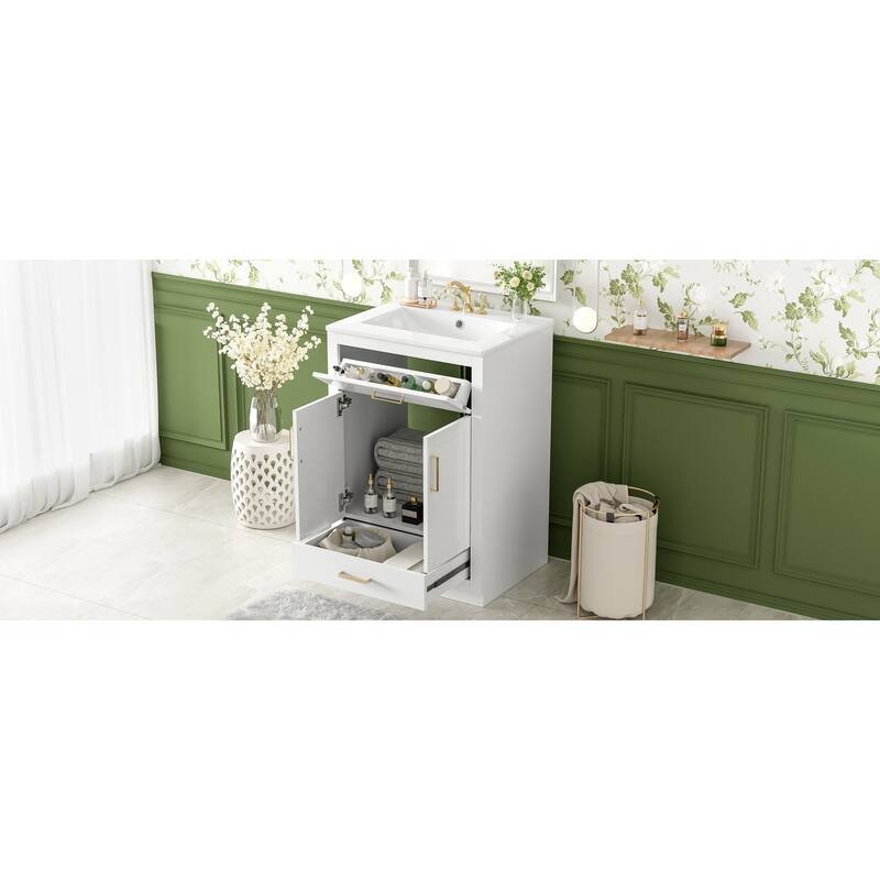 Roomfitters 24 Inch Bathroom Vanity with Integrated Ceramic Sink, Storage Cabinet & Tilt-Down Compartment