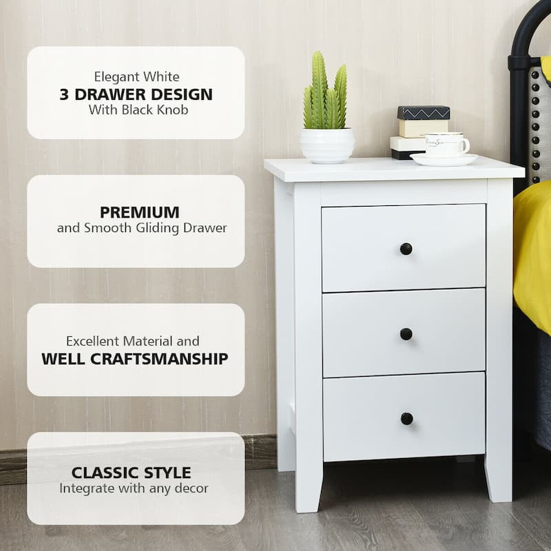 Costway 1PC/2PCS Nightstand End Beside Sofa Table w/ 3 Drawers Bedroom