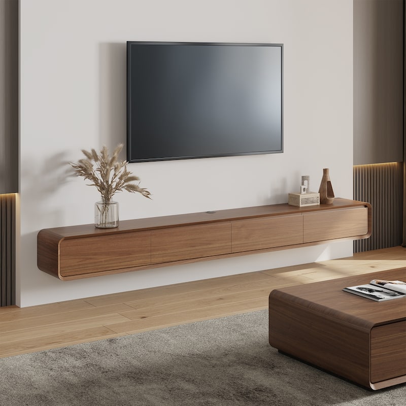 Floating Modern TV Stand for Living Room, Wall-Mounted Entertainment Center with Storage Drawers, Solid Wood, Fully-Assembled - 98.48"-4 Drawers - Brown