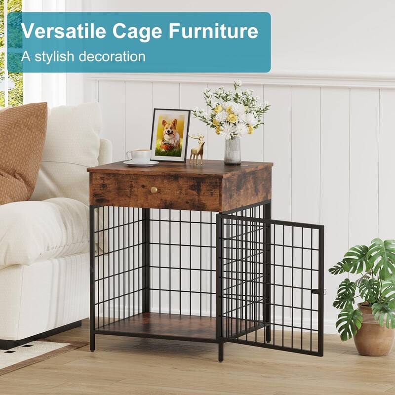 Wooden Dog Kennel Crate Furniture Side Table End Table with Drawer for Small Dogs