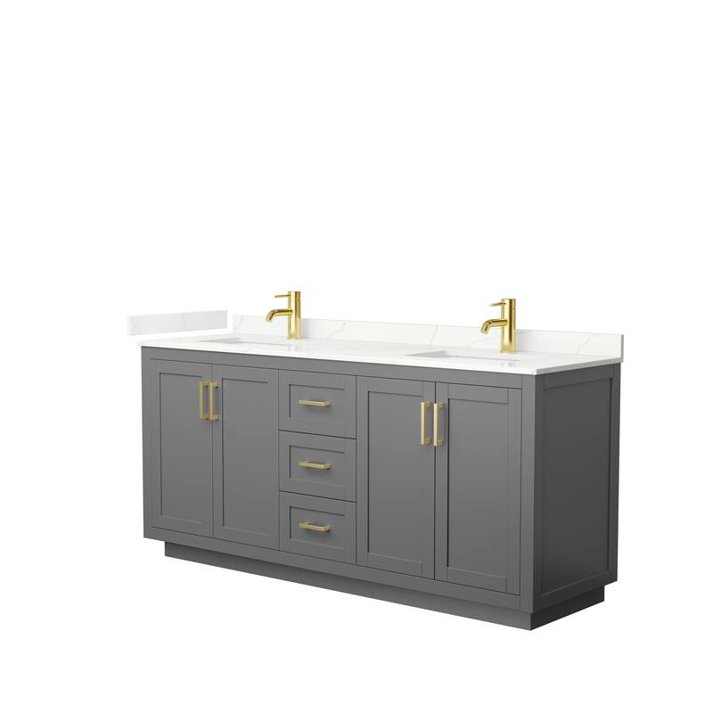 Miranda 72-inch Double Vanity, Quartz Top - Dark Gray, Gold Trim, Giotto Quartz Top