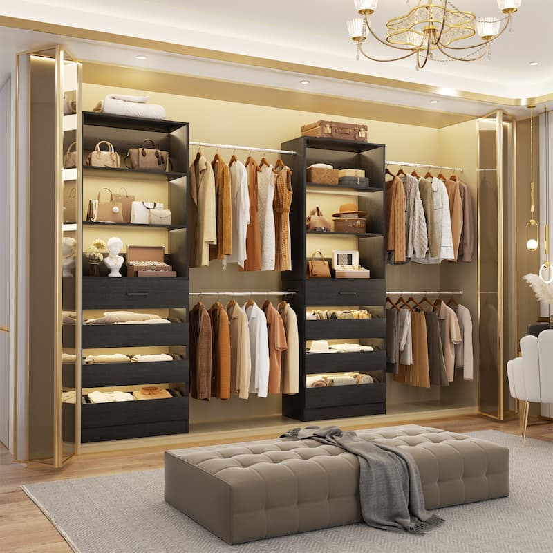 Qvella 95''-136'' W Closet System with 8 Wooden Drawers and 4 Hanging Rods, Walk-in Closet Organizer with 6 Storage Shelves