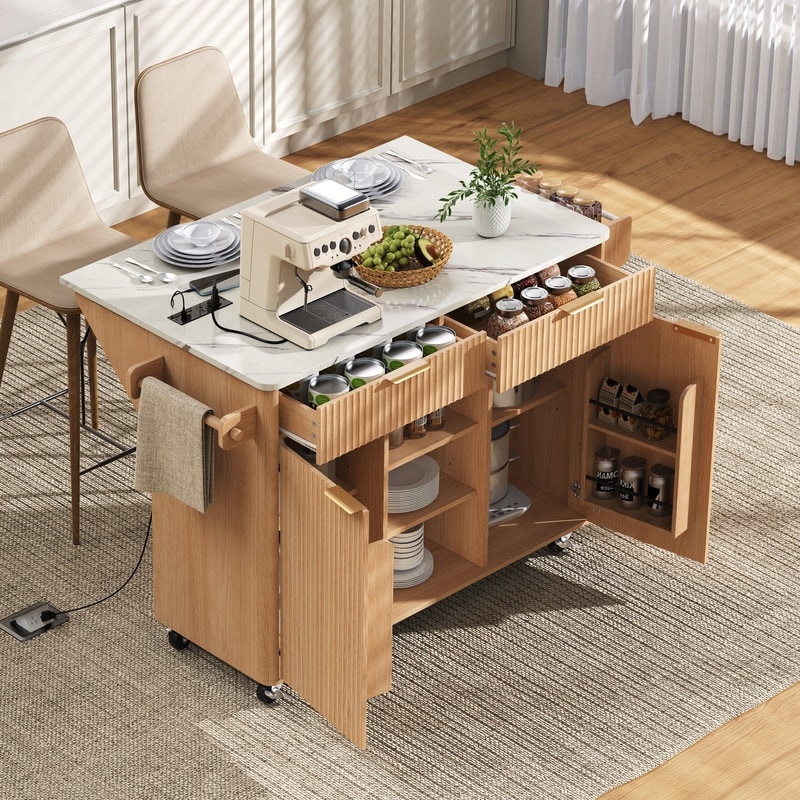 Kitchen Island with Drop Leaf, Rolling Kitchen Cart with Faux Marble Top