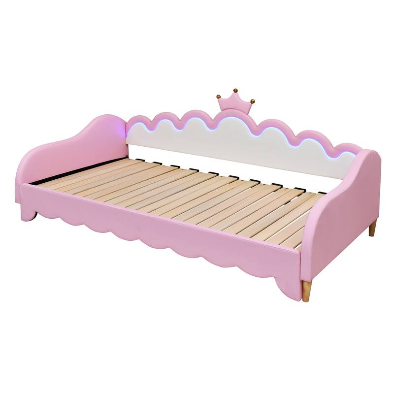 Twin Size Extending Daybed with LED Lights, Modern Upholstered Kids Princess Bed Frame With Crown Decor