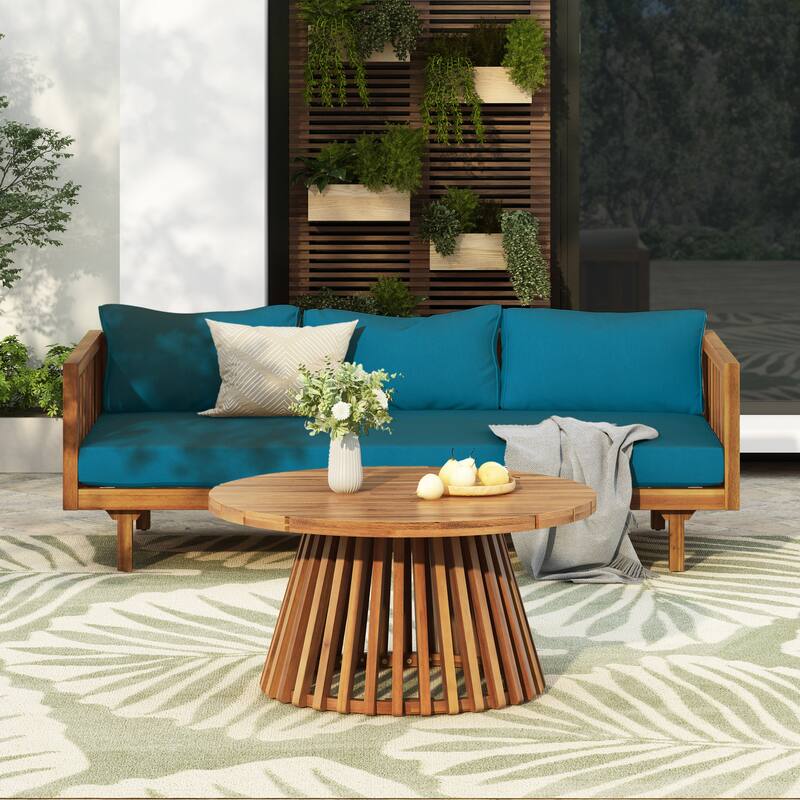 Roomfitters Acacia Wood Patio Set, 3-Seater Daybed with Water-Resistant Cushions & Round Coffee Table - Teak,Teal