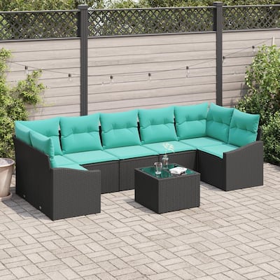 vidaXL 8 Garden Sofa Set with Cushions Black Poly Rattan - 113.8 x 48.6 x 27.2