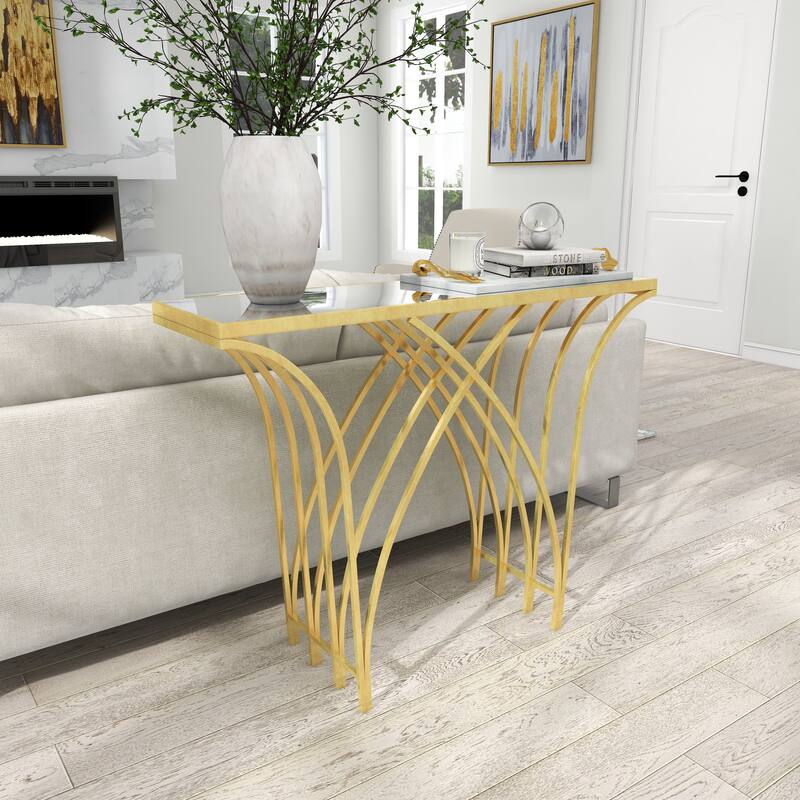 Gold Metal Geometric Console Table with Mirrored Glass Top