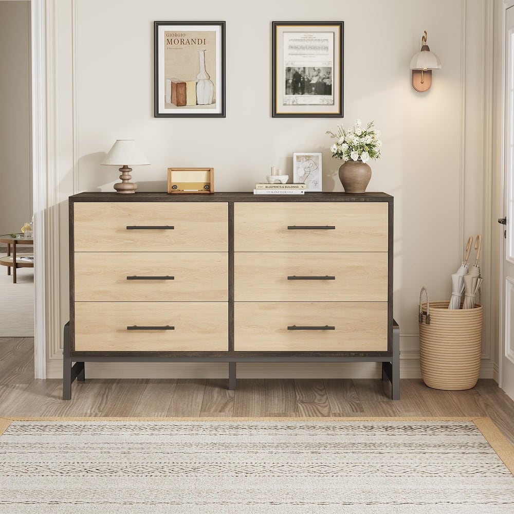 6-Drawer Dresser - 52" Wide MDF & PB Board Chest with R-Shaped Legs, Spacious Wood Grain Storage Cabinet for Bedroom