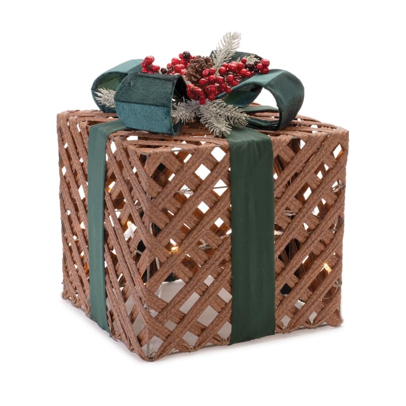 LED Lighted Woven Present with Bow Christmas Decorations - 13" - Set of 3