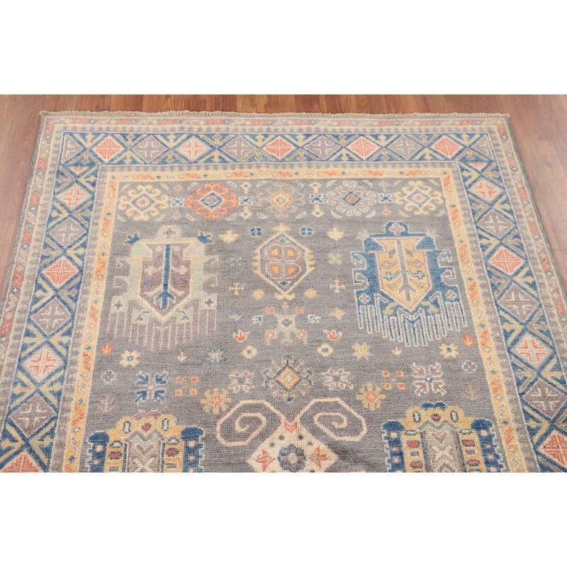 Gray Geometric Kazak Oriental Area Rug Handmade Bedroom Wool Carpet - 4'0"x 5'10"