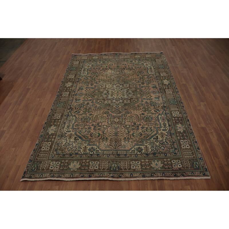 Hand Knotted Oriental 100% Wool Carpet Traditional Medallion Pink Tabriz Area Rug - 9' 8'' X 6' 6''