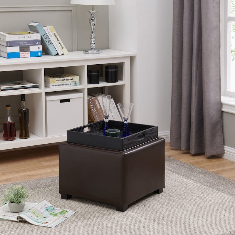 NPD Furniture Cameron Leather Square Storage Ottoman with Tray - Brown