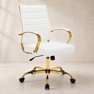 Benmar Ribbed PU Leather Office Chair - Ergonomic Swivel Desk Chair - Chrome Gold Steel Base Executive Computer Seat