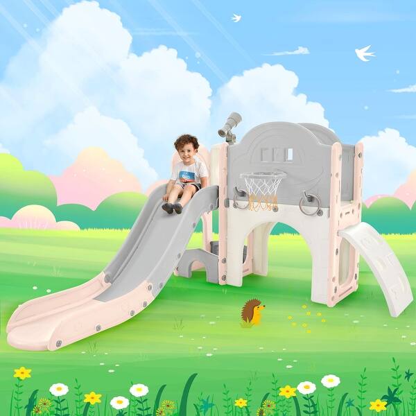 slide 2 of 65, Kids 7-in-1 Slide Playset: Spaceship Design with Slide, Tunnel, Ring Toss, Basketball Hoop, and Toy Storage Pink+Grey
