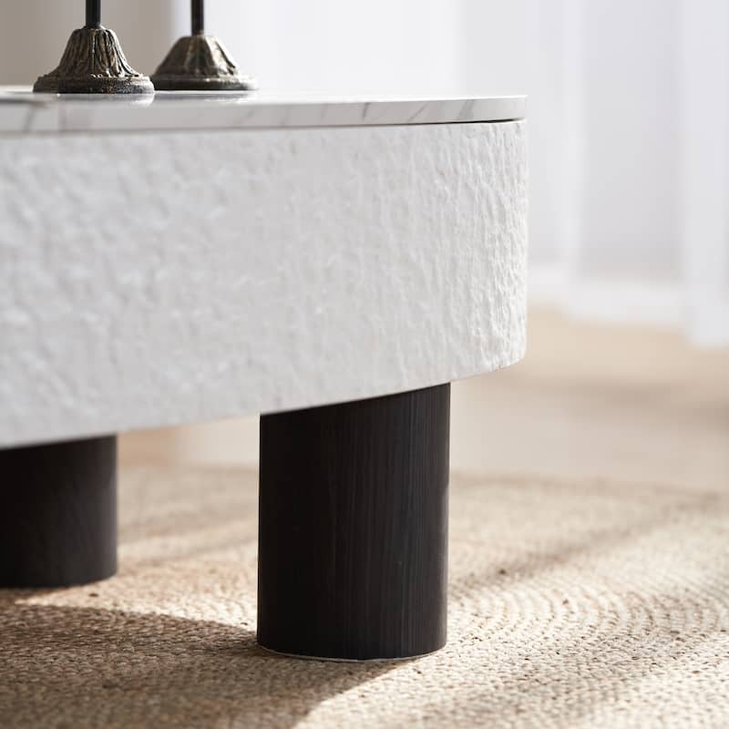 Oval Coffee Table with Faux Marble Tabletop, Mid Century Modern Coffee Table with Hidden Drawer and Storage Space