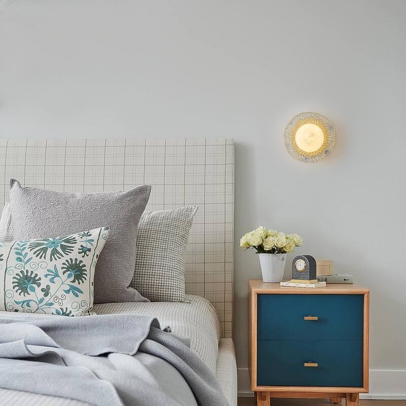 Gold Lotus Leaf Textured Glass Plate Wall Sconce Moon Globe Lampshade