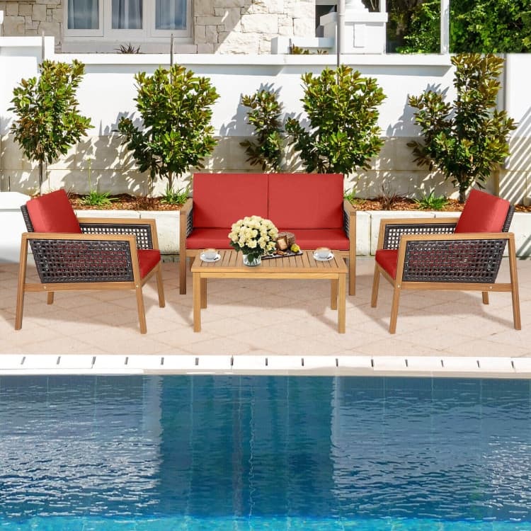 4 Pieces Patio Rattan Furniture Set with Removable Cushions - 30.5" x 48" x 29" (L x W x H)