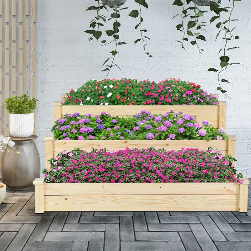 3-Tier Wooden Raised Bed Garden Planting Box Growing Flower Vegetables