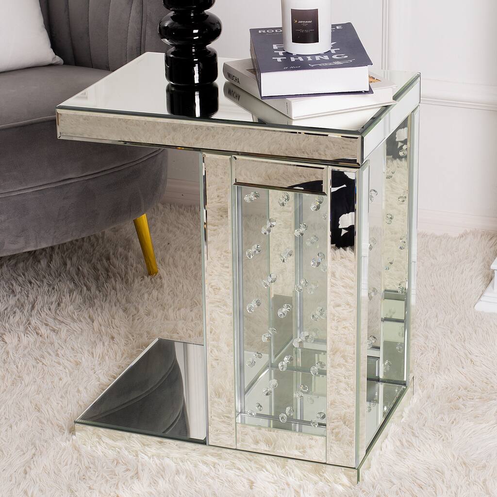 Modern Mirrored Side Table Silver Accent End Table