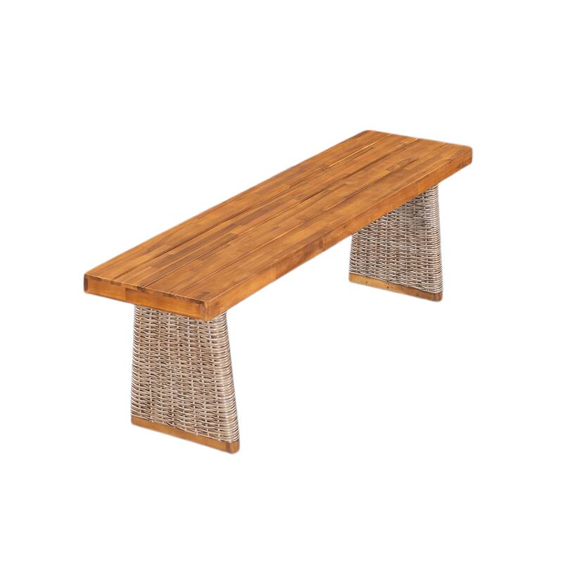 Outdoor 1pcs Acacia Wood Bench, Teak Finish+ Grey Wicker