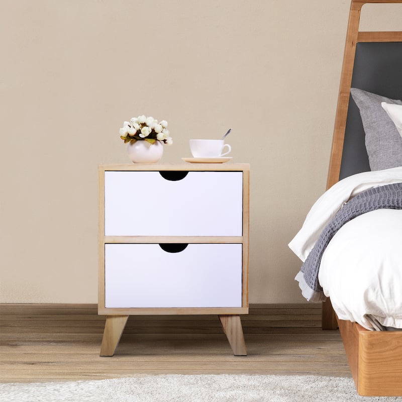 Burlywood/White Wooden Nightstand with 2-Drawers and Tall Legs(Set of 2)