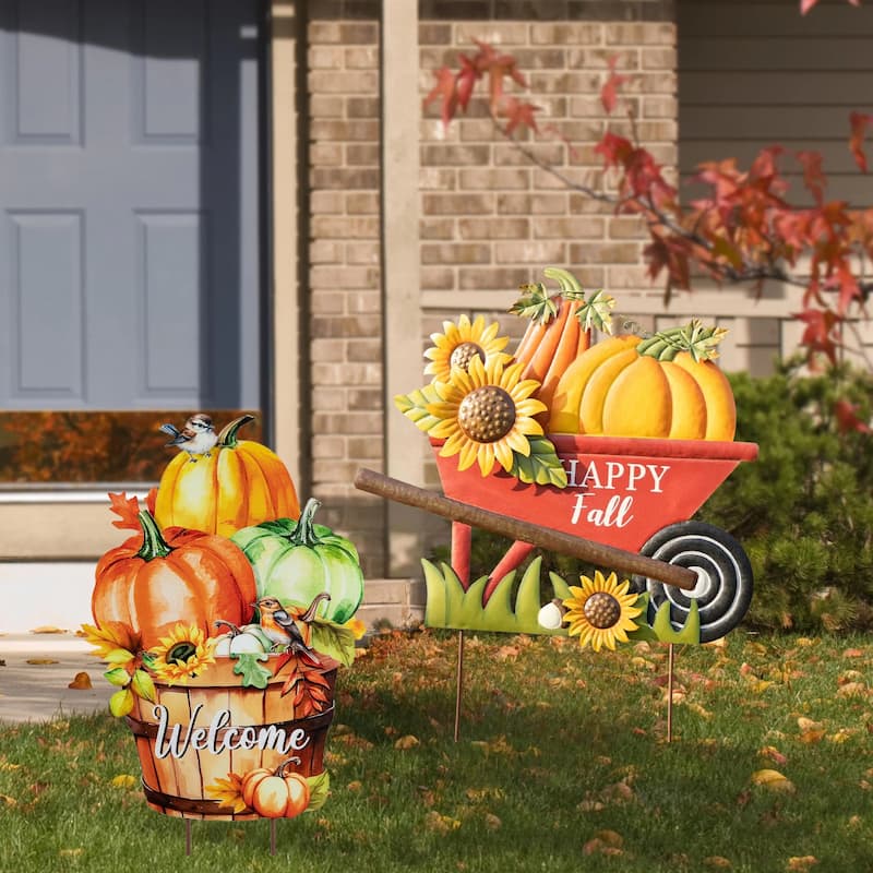 Glitzhome 30"H Fall Metal Wheelbarrow Pumpkin Welcome Barrel Yard Stake Thanksgiving Decor