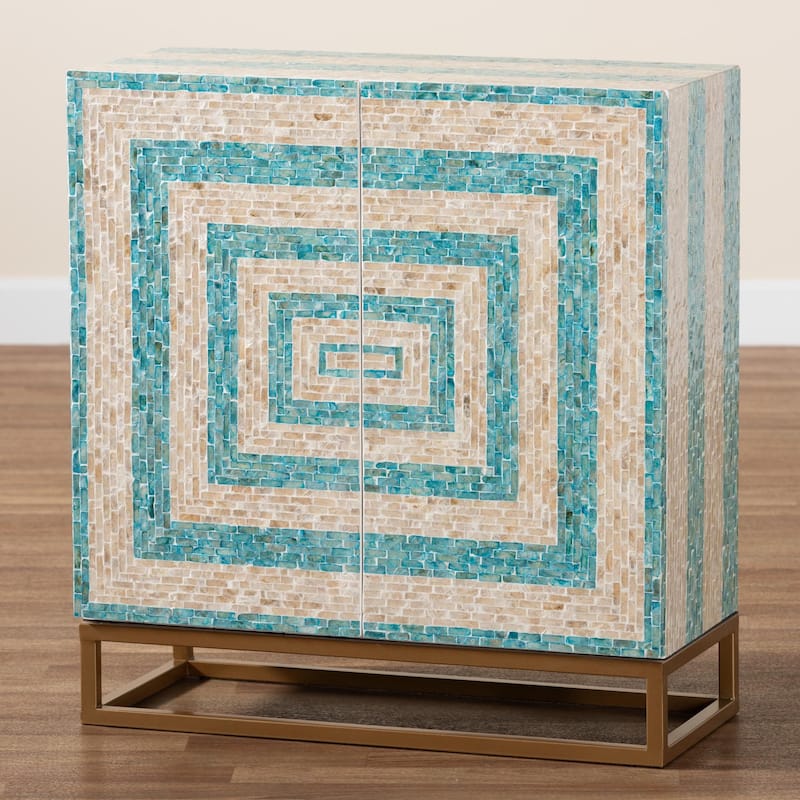 Utari Modern Bohemian Two-Tone Beige and Blue Mother of Pearl and Gold Metal Storage Cabinet