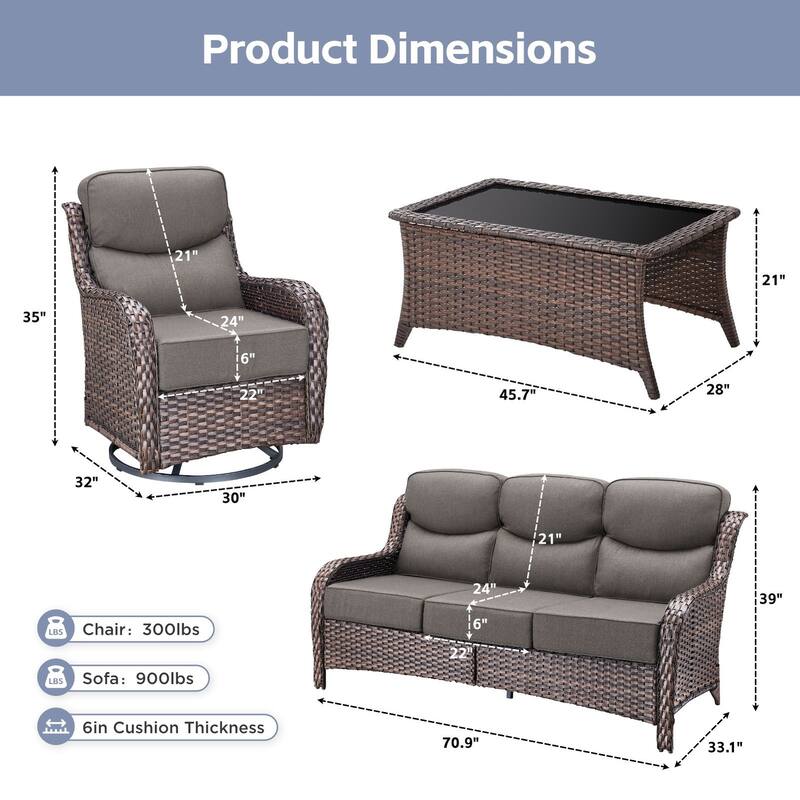 Arcadia 4-Piece Wicker Outdoor Patio Conversation Set with Swivel Gliders and 6-Inch Thick Olefin Cushions