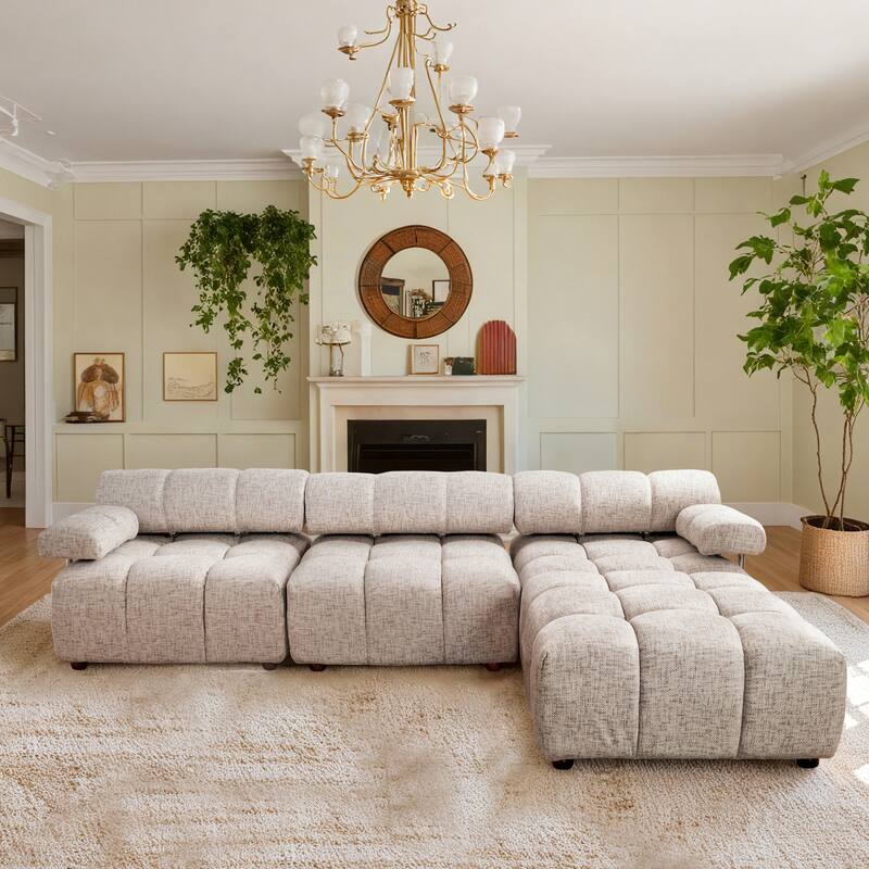 Art Leon Modern 4-Seat Sectional Sofa and Ottoman - Off-White