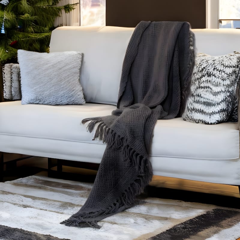 HomeRoots 50" X 60" Gray Cotton Woven Throw Blanket - Throw - Gray