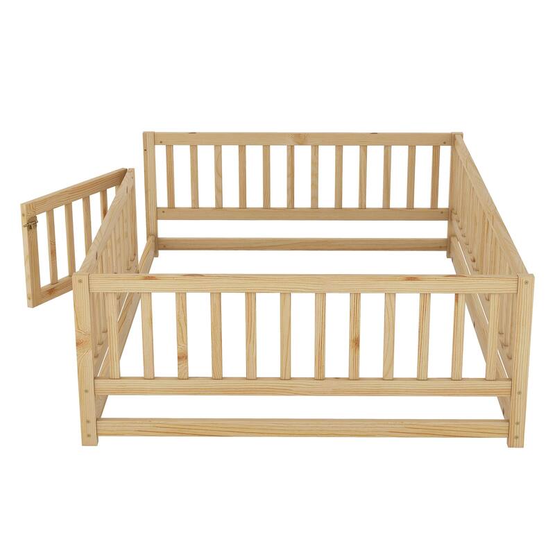 Full Size Montessori Floor Bed with Fence and Door, Kids Wood Bed Frame, Natural Pine Wood Floor Bed