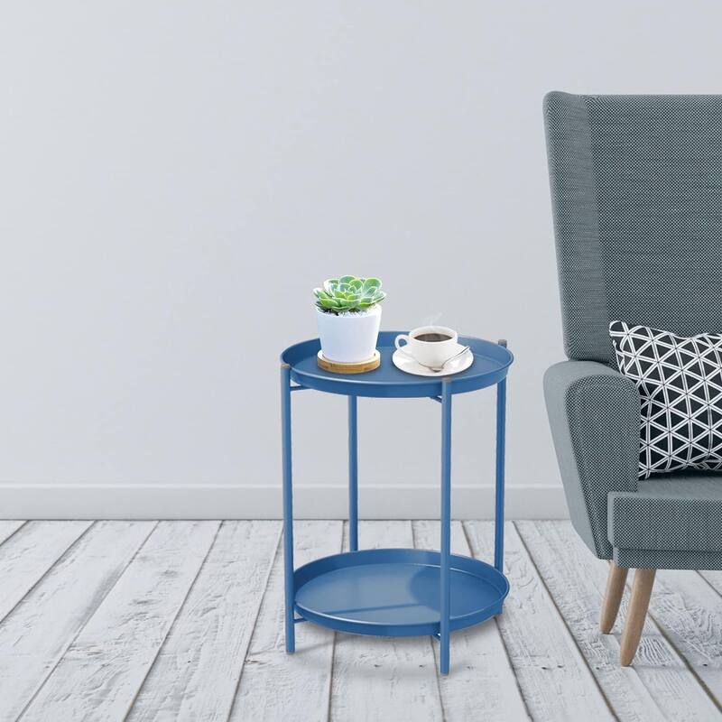 Steel Patio Side Table 2-Tier, Weather Resistant Outdoor Round End Table