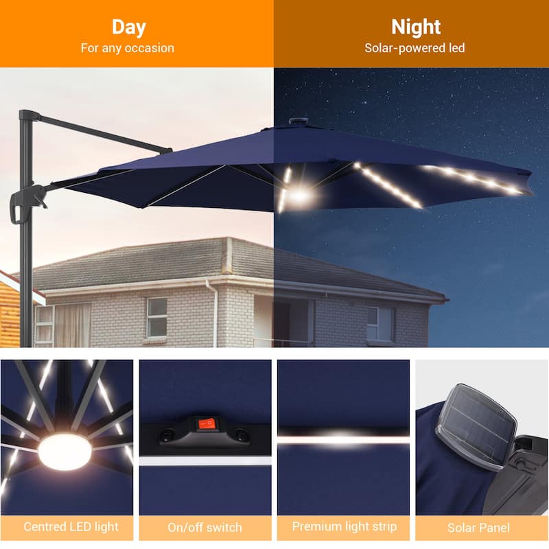 LIVOOSUN 11FT Huge Patio LED offset umbrella Cantilever Umbrella