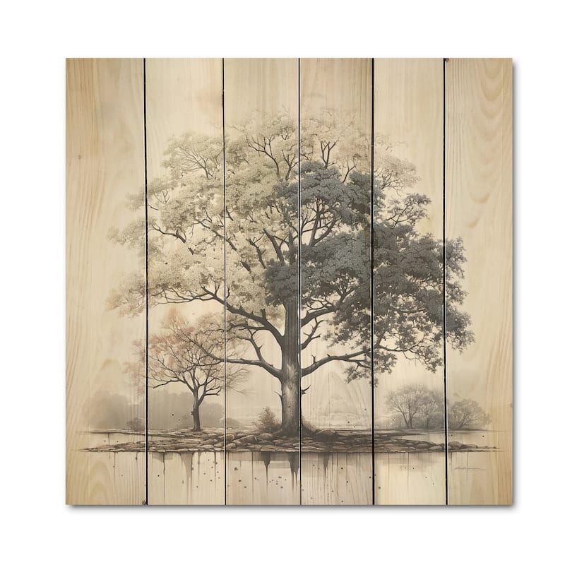 Designart "Subtle Elegance Of Monochrome Tree" Tree Monochrome Wood Wall Decor - Green Wood Panel On Natural Pine Wood