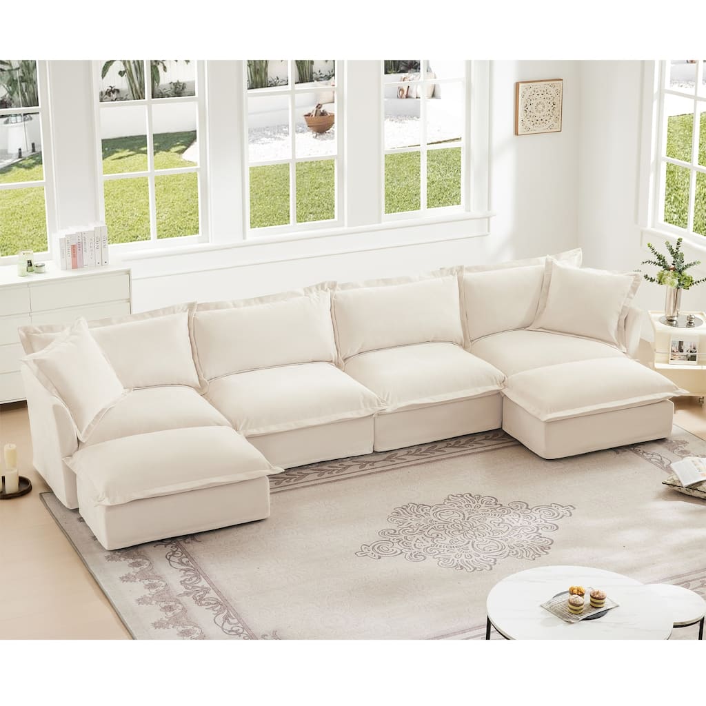 Modern 4 Seater Upholstered Sofa with 2 Ottomans and 2 Pillows
