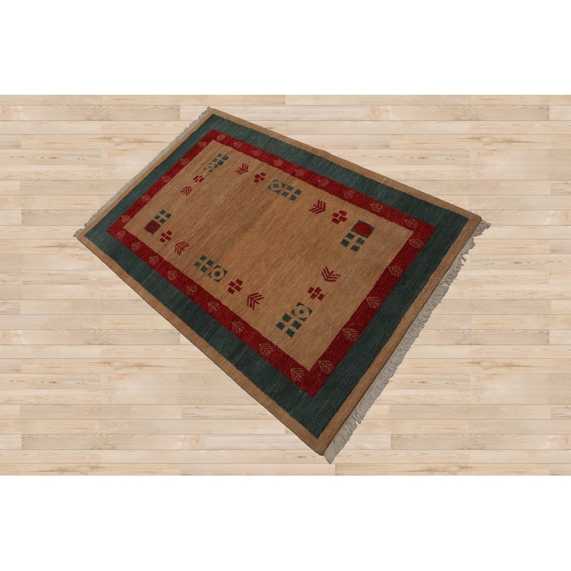 Hand Knotted Gabbeh Beige,Tan Pictorial Wool Modern Oriental Area Rug - 4' 1'' x 6'